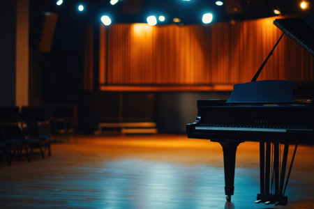 A grand piano stands ready for performance in an intimate concert hall with soft lighting and wood accents.の写真素材