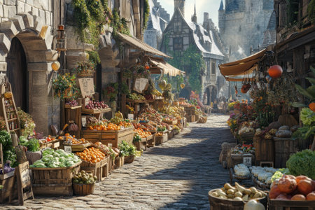A bustling market day features stalls filled with fresh fruits and vegetables in a quaint village.の写真素材