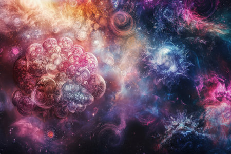 Vivid cosmic abstract art showcases swirling galaxies and colorful celestial elements across a dark background.の写真素材