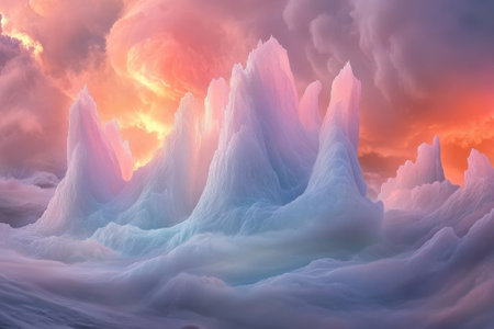 Majestic ice peaks rise dramatically with a colorful sunset backdrop illuminating the clouds.の写真素材