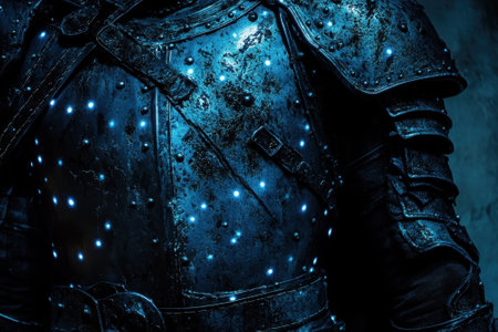 A heavily armored figure with glowing blue lights stands against a dark backdrop, evoking an enigmatic vibe.の写真素材