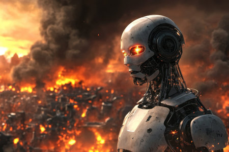 A humanoid robot observes a city engulfed in flames under a dramatic sky during sunset.の写真素材