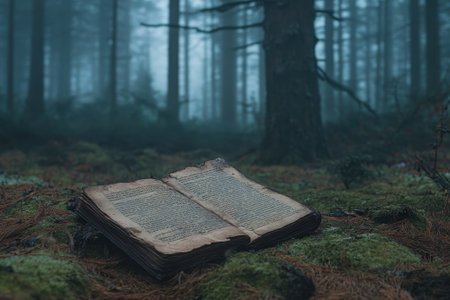 An old, open book rests on moss-covered ground surrounded by tall trees in a foggy forest.の写真素材