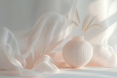 A delicate white vase holds dried grass, set against soft, flowing fabric illuminated by warm light.の写真素材