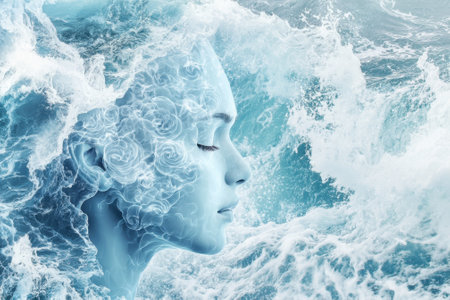 A serene woman's profile blends with dynamic ocean waves, evoking harmony between humanity and nature.の写真素材