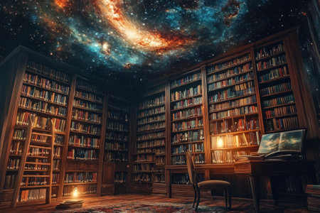 A cozy library with tall shelves, a reading chair, and a cosmic mural creates a magical ambiance.の写真素材