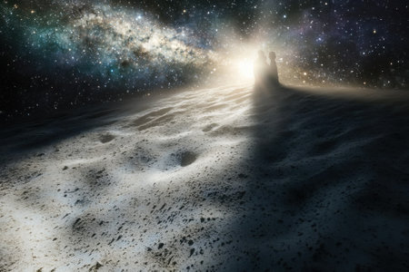 Two figures standing on a moon's surface, gazing at a distant galaxy glowing in the dark sky.の写真素材