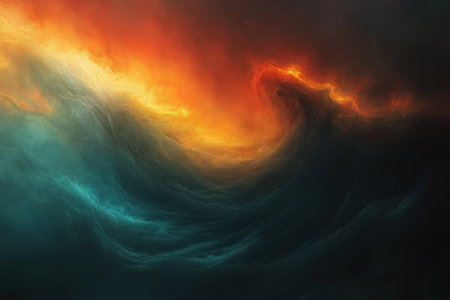 Colorful clouds blend orange and blue hues during a stunning sunset above the ocean waves.の写真素材