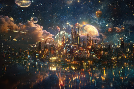 Brightly lit city towers rise against a starry sky filled with planets and galaxies, creating a captivating atmosphere.の写真素材