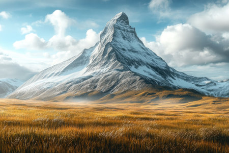 A stunning mountain tower with snow peaks stands amidst expansive golden grasslands and fluffy clouds.の写真素材