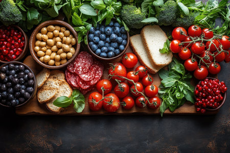 A vibrant assortment of tomatoes, blueberries, olives, and herbs displayed attractively on a wooden board.の写真素材