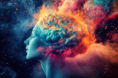 A surreal representation of creativity shows a woman's side profile with vibrant colors and cosmic elements.の写真素材