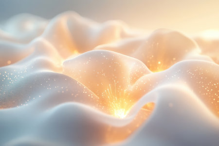 Soft undulating surface with subtle glowing sparks creates a serene and captivating atmosphere.の写真素材