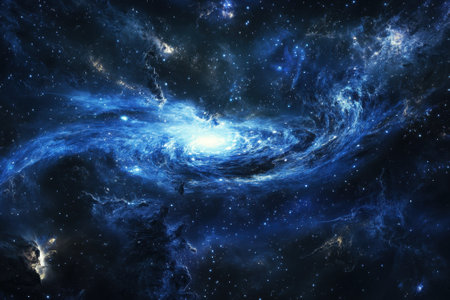 A breathtaking spiral galaxy reveals vibrant blue colors against the dark backdrop of outer space.の写真素材