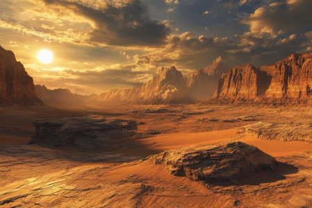 Sun sets behind towering mountains casting warm hues over the arid desert, creating a tranquil atmosphere.の写真素材