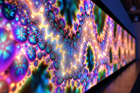 A vibrant abstract design with swirling patterns and bright colors fills a long screen in a gallery setting.の写真素材