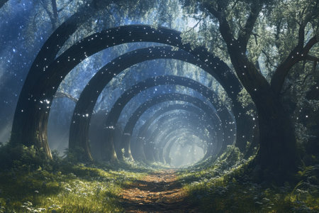 Magical forest pathway features circular arches made of light, surrounded by lush greenery and mist.の写真素材