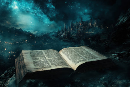 A large open book lies in a mystical landscape, surrounded by a starry sky and distant ancient ruins.の写真素材