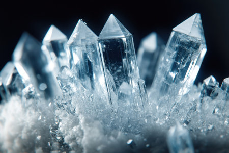 Clusters of sparkling quartz crystals emerge from a bed of fine mineral particles, reflecting soft light beautifully.の写真素材