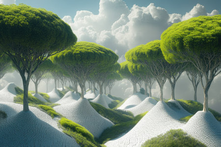 Beneath a bright sky, lush trees grow on rolling terrain, surrounded by soft clouds and vibrant greenery.の写真素材