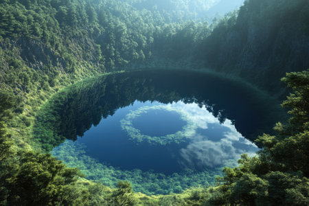 A tranquil circular lake nestled within mountains, surrounded by dense forest and reflecting the sky above.の写真素材