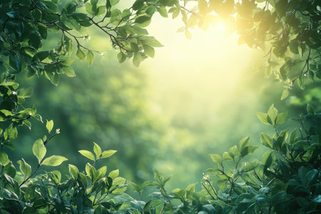 Soft morning light shines through vibrant green foliage, creating a serene atmosphere in the forest.の写真素材