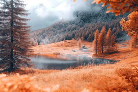 Vibrant orange trees encircle a calm lake in a misty mountain landscape during autumn.の写真素材