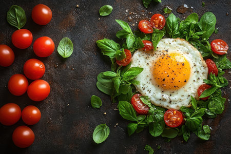 A vibrant breakfast featuring a sunny-side-up egg surrounded by fresh spinach and cherry tomatoes enhances every morning.の写真素材