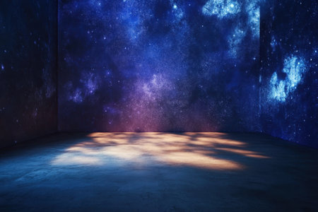 A vibrant cosmic mural fills a modern room with deep space colors and textures, offering a serene ambiance.の写真素材