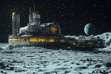 A detailed lunar base stands prominently on the moon's surface, illuminated against a starry night with Earth visible.の写真素材