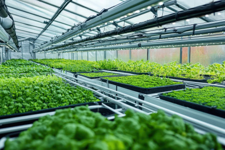 Rows of leafy greens thrive in a well-lit greenhouse, showing sustainable agricultural methods.の写真素材