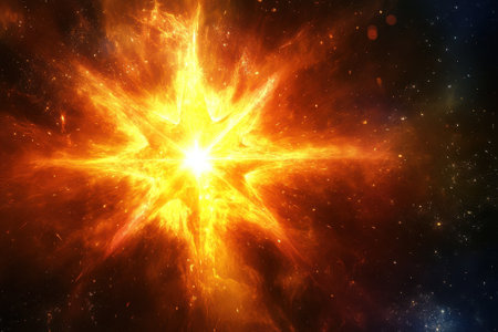 A brilliant orange star burst lights up the deep space, creating a stunning cosmic display in the universe.の写真素材