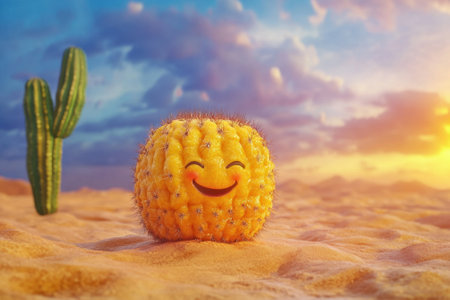 A cheerful pineapple character sits on sandy terrain next to a cactus during a colorful sunset.の写真素材