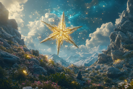 A bright golden star shines in a serene valley, surrounded by blooming flowers and majestic mountains.の写真素材