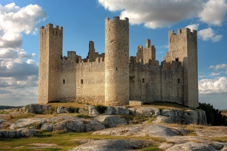 This impressive fortress stands tall on rugged rocks, surrounded by a vast landscape under a clear blue sky.の写真素材
