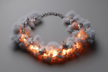 A unique necklace features silver elements intertwined with glowing smoke and fiery accents, showcasing artistry.の写真素材