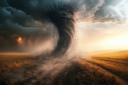A powerful tornado is seen spiraling above a golden field at sunset, creating an awe-inspiring view of nature's fury.の写真素材