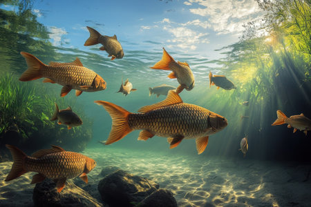 Schools of fish glide through clear water while sunlight filters down, illuminating the underwater environment.の写真素材