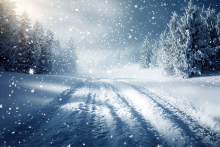 Snow blankets a serene forest path, illuminated by soft light while snowflakes gently fall.の写真素材