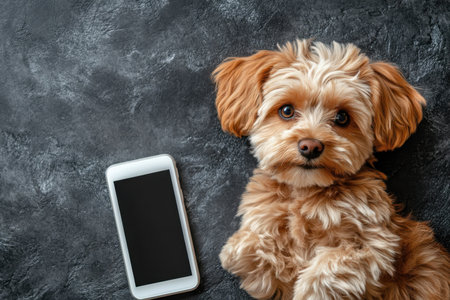 A cute puppy rests next to a smartphone, showing his fluffy coat and curious expression.の写真素材