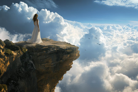 A woman in a flowing white dress gazes out over a stunning landscape of clouds during sunset as birds soar by.の写真素材