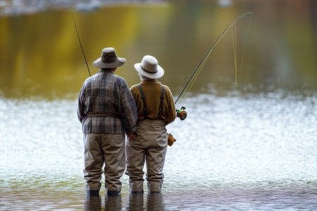 Friends enjoy fishing together at a peaceful lake surrounded by nature in the morning glow.の写真素材