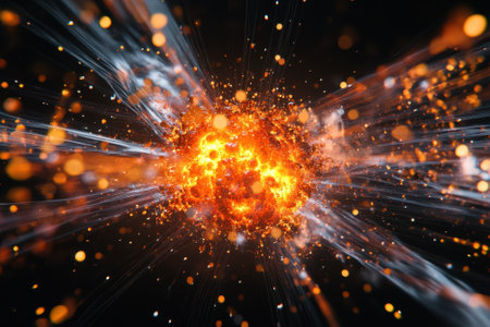 Bright explosion radiates light and color against a dark backdrop, creating an abstract and energetic visual effect.の写真素材