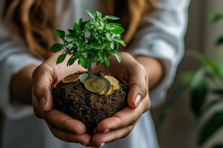 A person holds a small plant growing in soil on a bed of coins, symbolizing growth and investment.の写真素材