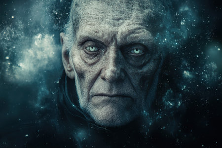 An elderly man with piercing eyes stares intensely, engulfed in a cosmic backdrop filled with stars.の写真素材