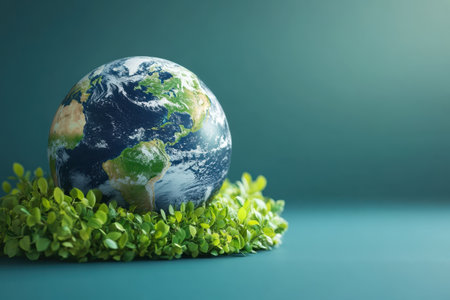 A vibrant globe sits on a bed of green leaves, symbolizing care for the planet and sustainability efforts.の写真素材