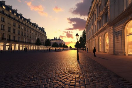 Warm light reflects on the cobblestones of a Paris street during a stunning sunset, creating a serene atmosphere.の写真素材