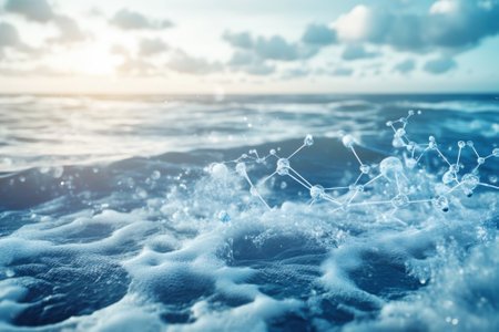 Waves crash against each other while water molecules elegantly form and dissolve at sunset along the shore.の写真素材