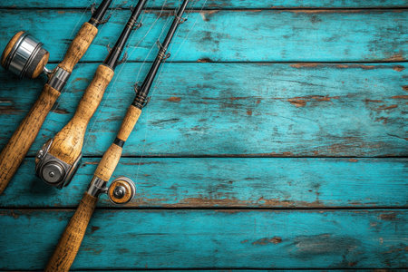 Three fishing rods are laid out on a rustic blue wooden surface, prepared for fishing activities.の写真素材