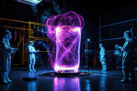 Researchers in protective gear observe plasma interactions within a controlled lab space at night.の写真素材